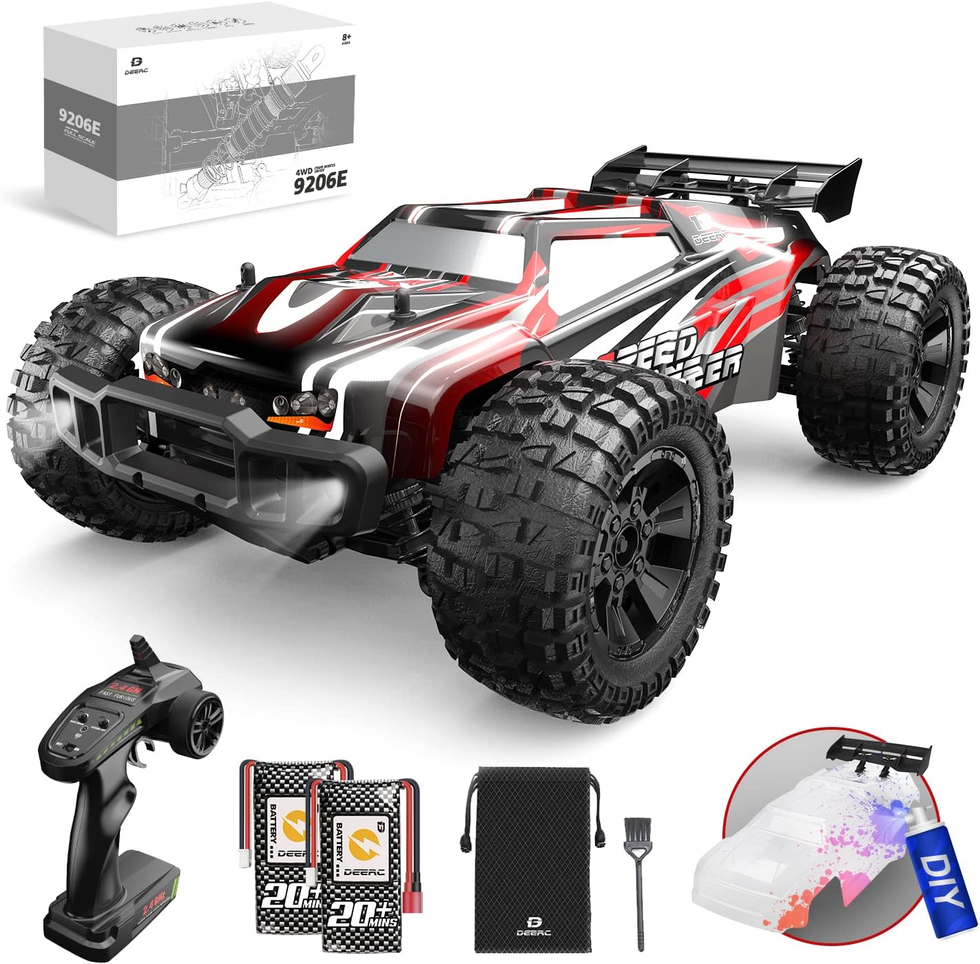 DEERC 9206E DIY Extra Shell 1:10 Scale Large RC Cars,48+ KM/H Hobby Grade High Speed Remote Control Car for Adults Boys,All Terrain 4WD 2.4GHz Off Road Monster RC Truck with 2 Battery for 40+ Min Play-0