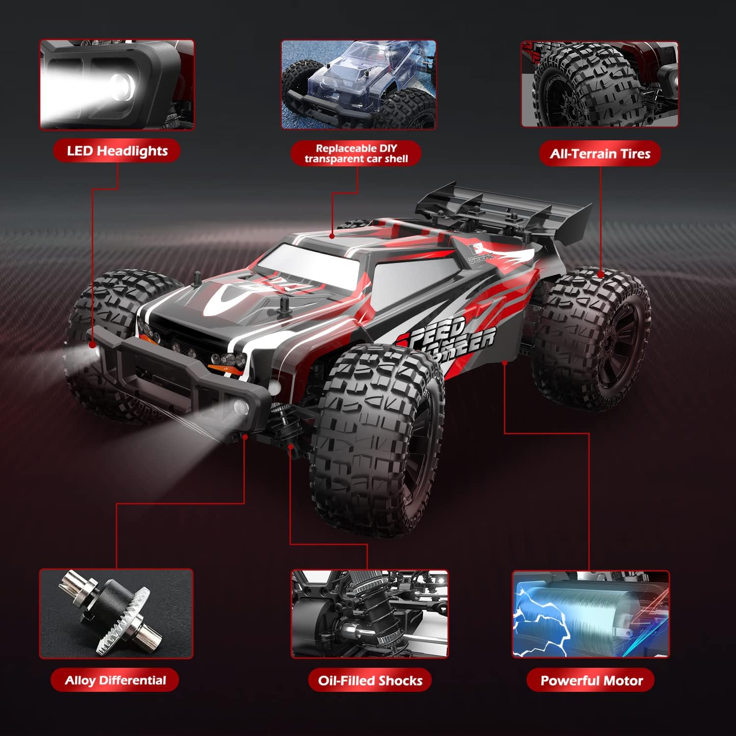 DEERC 9206E DIY Extra Shell 1:10 Scale Large RC Cars,48+ KM/H Hobby Grade High Speed Remote Control Car for Adults Boys,All Terrain 4WD 2.4GHz Off Road Monster RC Truck with 2 Battery for 40+ Min Play-3