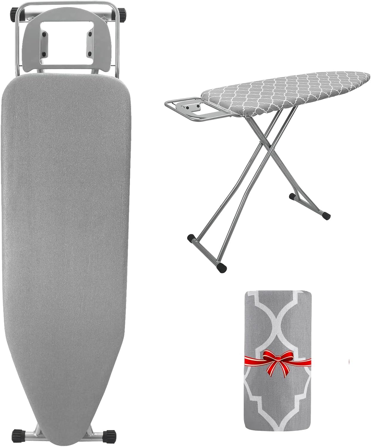 Rainberg 122 x 38cm Folding Ironing Board with Jumbo Iron Rest, Adjustable Height Up To 93cm, Foldable & Collapsible Ironing Table with Extra Cover (Grey)-0