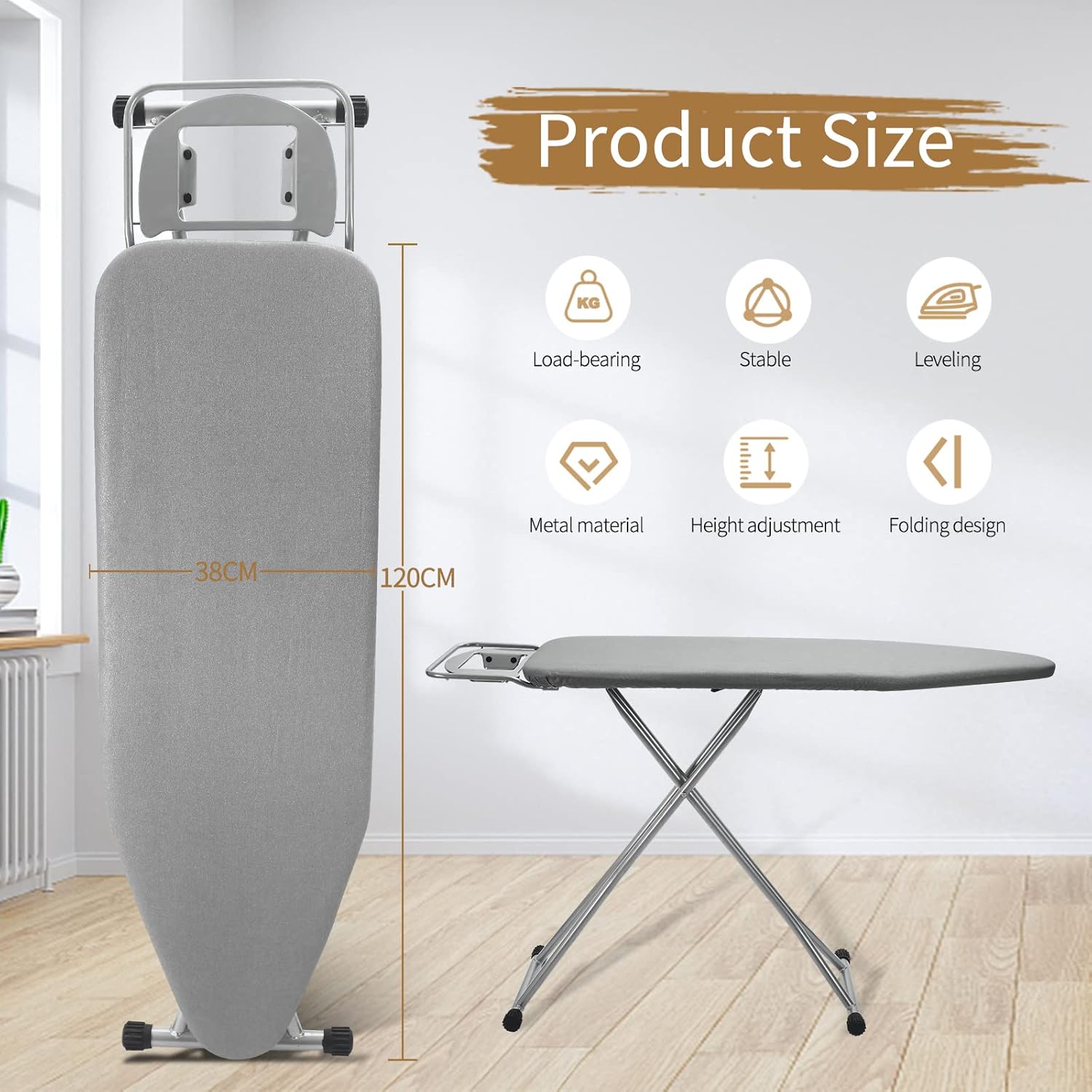 Rainberg 122 x 38cm Folding Ironing Board with Jumbo Iron Rest, Adjustable Height Up To 93cm, Foldable & Collapsible Ironing Table with Extra Cover (Grey)-1