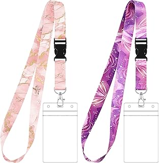 Zonon 2 Set Lanyard with Card Holder, Neck Strap Flowers Lanyard and Waterproof Transparent Badge Holder for ID Card, Office Supplies(Marble Style)