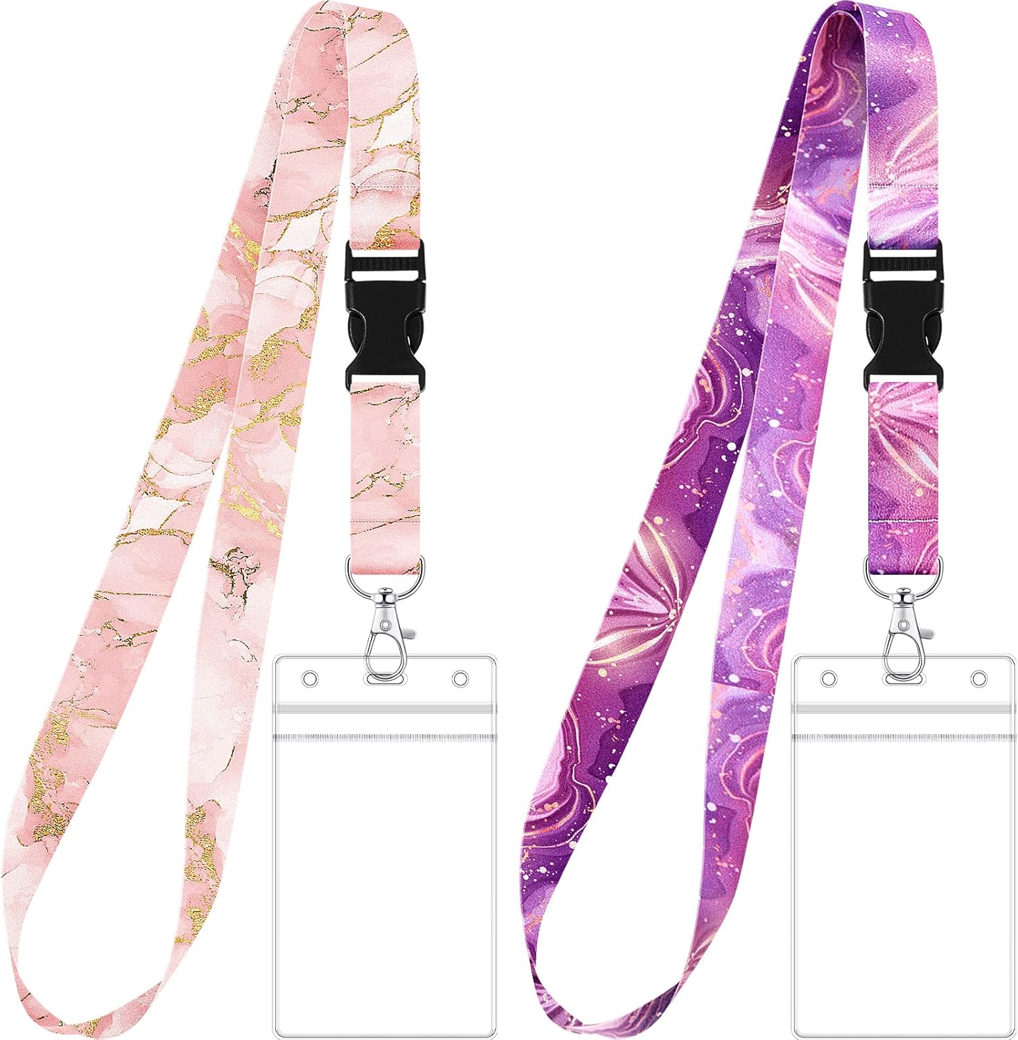 Zonon 2 Set Lanyard with Card Holder, Neck Strap Flowers Lanyard and Waterproof Transparent Badge Holder for ID Card, Office Supplies(Marble Style)-0