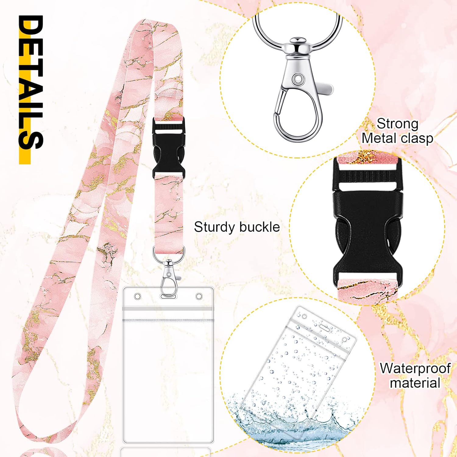 Zonon 2 Set Lanyard with Card Holder, Neck Strap Flowers Lanyard and Waterproof Transparent Badge Holder for ID Card, Office Supplies(Marble Style)-2