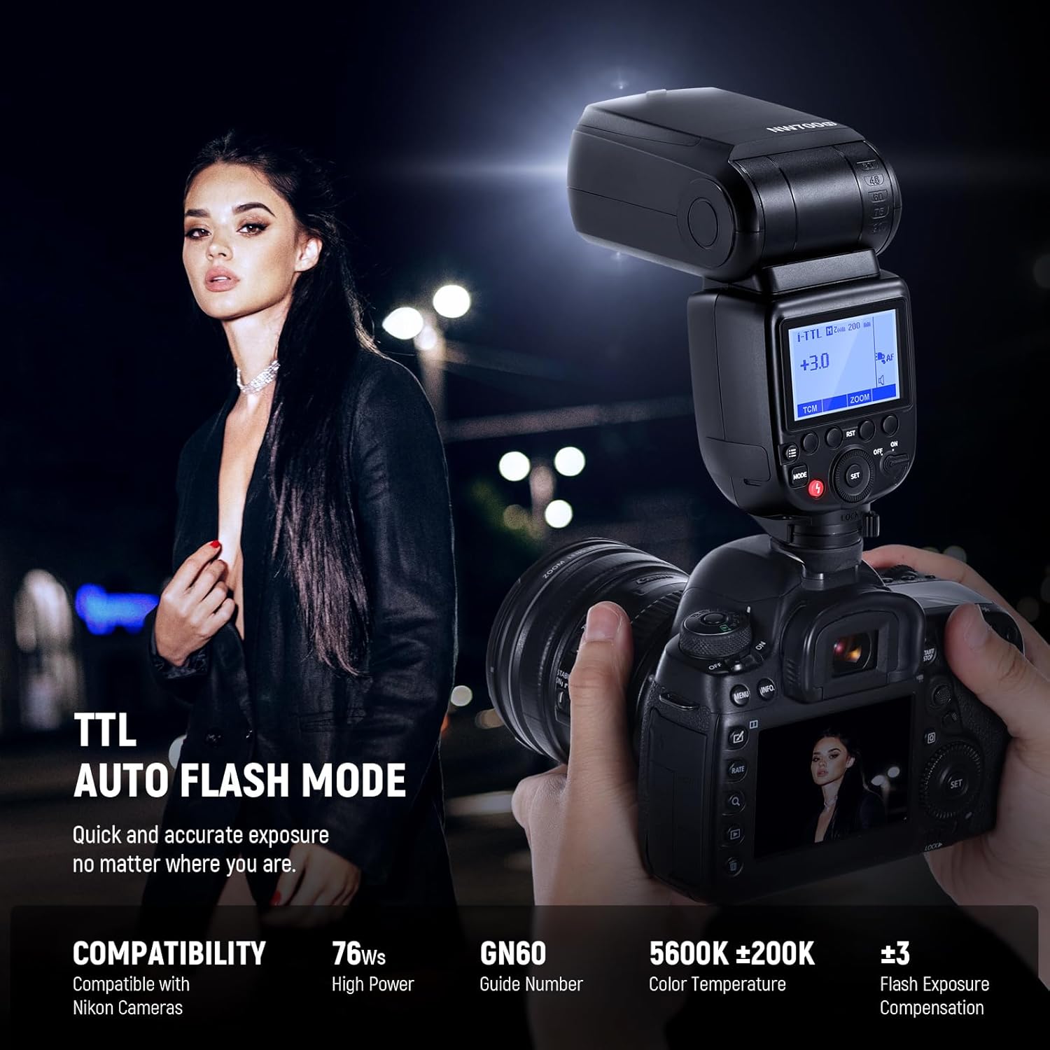 NEEWER NW700-N TTL Flash Speedlite Compatible with Nikon DSLR Cameras, 1/8000s High Speed Sync Speelight, 1/1-1/256 Output, TCM Function, 230 Full Power Flash, 0.1-2.7s Fast Recycling Flashlight-1