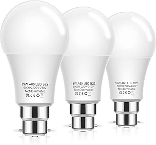 Flaspar Bayonet Light Bulbs, 100W Equivalent B22 LED Bulbs Bayonet, 6000K Cool White, 1200LM, 13W Daylight Bulbs BC GLS A60 Energy Saving for Chandelier, Living Room, Non-dimmable, Pack of 3