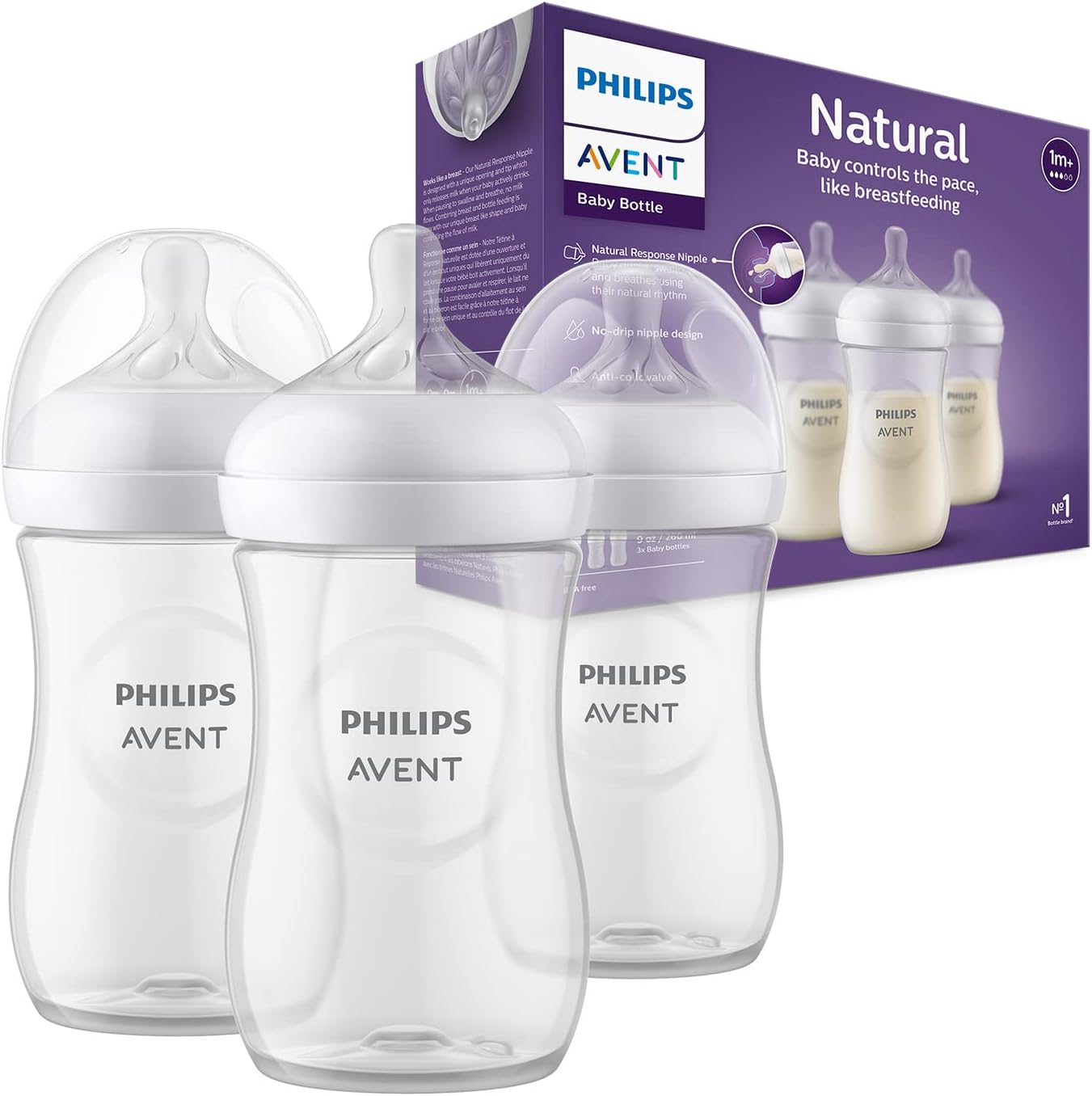 Philips Avent Natural Response Baby Bottle - 3 x 260ml Baby Milk Bottle for Newborns and Up, BPA Free, 1+ Months (Model SCY903/03)-0