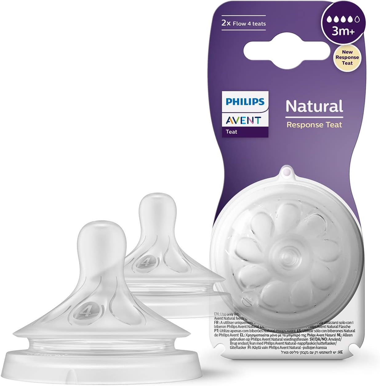 Philips Avent Natural Response Bottle Teat - 2 x Baby Bottle Flow 4 Teats for Babies Aged 3+ Months, BPA Free (Model SCY964/02)-0