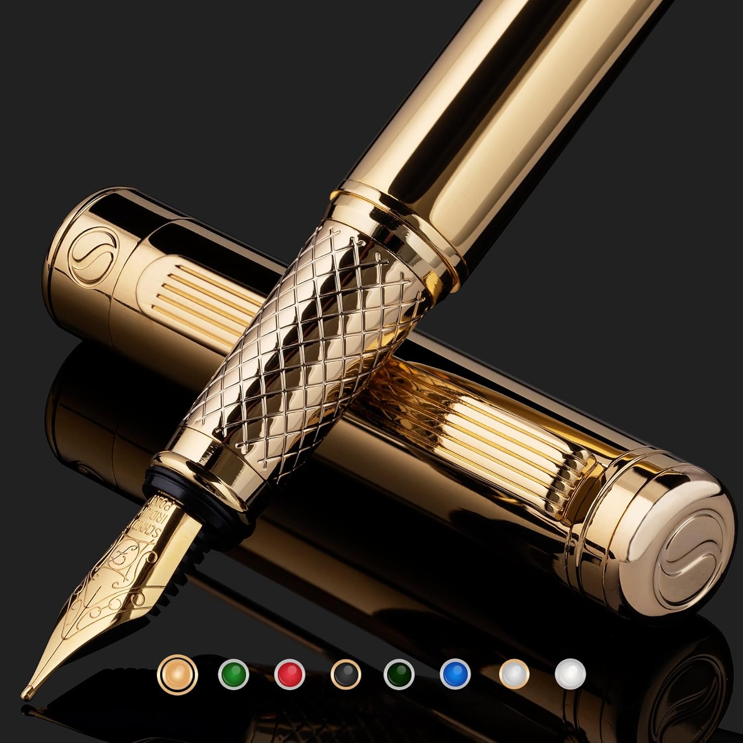 Scriveiner Luxury Fountain Pen - Stunning Gold Pen, 24K Gold Finish, Schmidt 18K Gilded Nib (Fine), Converter, Best Pen Gift Set for Men & Women, Professional, Executive, Office, Nice Pens-0