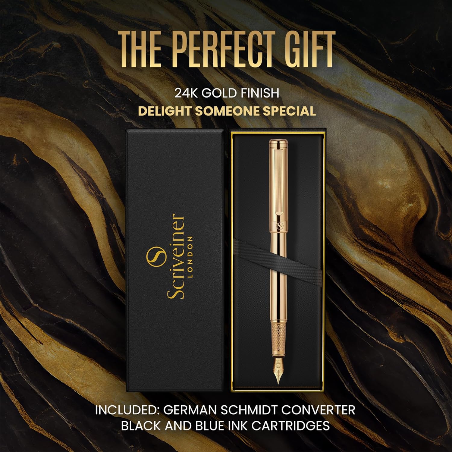 Scriveiner Luxury Fountain Pen - Stunning Gold Pen, 24K Gold Finish, Schmidt 18K Gilded Nib (Fine), Converter, Best Pen Gift Set for Men & Women, Professional, Executive, Office, Nice Pens-2