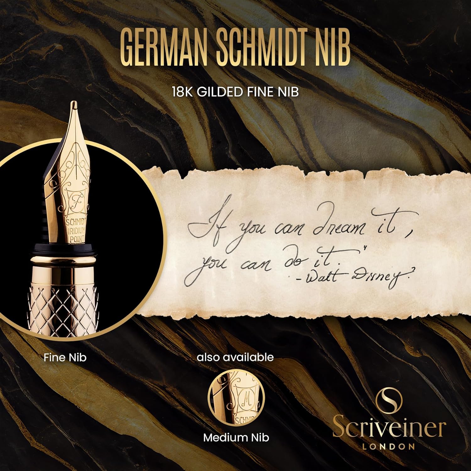 Scriveiner Luxury Fountain Pen - Stunning Gold Pen, 24K Gold Finish, Schmidt 18K Gilded Nib (Fine), Converter, Best Pen Gift Set for Men & Women, Professional, Executive, Office, Nice Pens-4