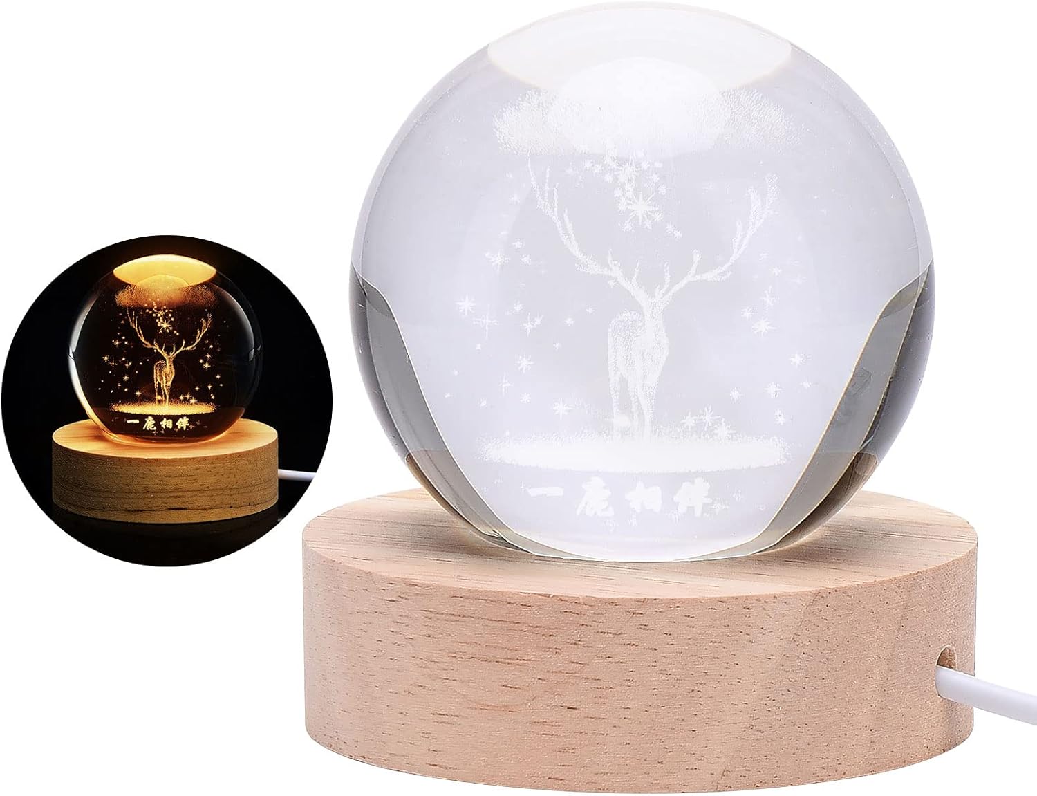 TITA-DONG 3D Crystal Ball Night Light for Kids Glass Ball Night Lamp with Wood Base Fantasy Desk Present Space Decor Crsytal Ball LED Galaxy Planet Nightlight Birthday Gift Bedroom Decor (Deer)-3