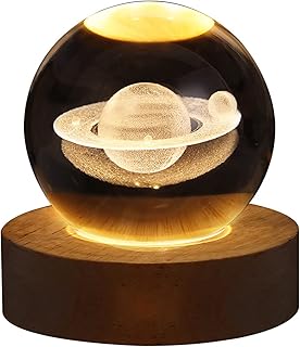 TITA-DONG 3D Crystal Ball Night Light for Kids Glass Ball Night Lamp with Wood Base Fantasy Desk Present Space Decor Crsytal Ball LED Galaxy Planet Nightlight Birthday Gift Bedroom Decor (Saturn)