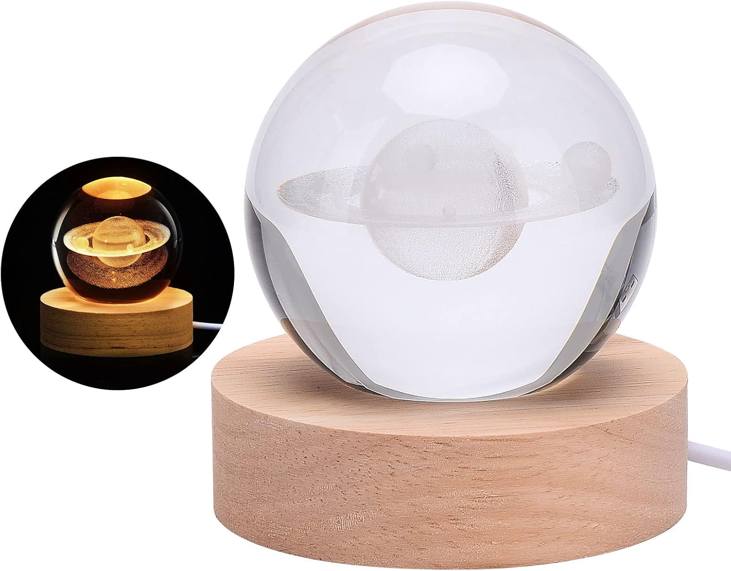 TITA-DONG 3D Crystal Ball Night Light for Kids Glass Ball Night Lamp with Wood Base Fantasy Desk Present Space Decor Crsytal Ball LED Galaxy Planet Nightlight Birthday Gift Bedroom Decor (Saturn)-3