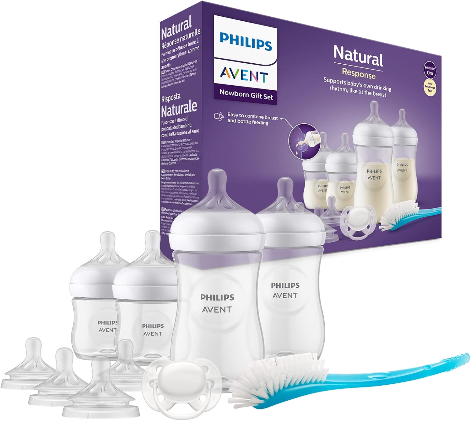 Philips Avent Baby Bottle Newborn Gift Set - 4 Baby Milk Bottles, 2 Extra Nipples, Ultra-Soft Pacifier and Bottle Brush, Babies Aged 0-12 Months+ (Model SCD838/13)-0