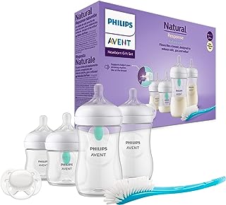 Philips Avent AirFree Vent Baby Bottle Newborn Gift Set - 4 Baby Milk Bottles with Air-Free Vent, Ultra-Soft Pacifier and Bottle Brush, Babies Aged 0-12 Months+ (Model SCD657/11)