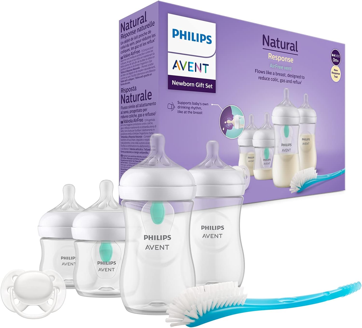 Philips Avent AirFree Vent Baby Bottle Newborn Gift Set - 4 Baby Milk Bottles with Air-Free Vent, Ultra-Soft Pacifier and Bottle Brush, Babies Aged 0-12 Months+ (Model SCD657/11)-0