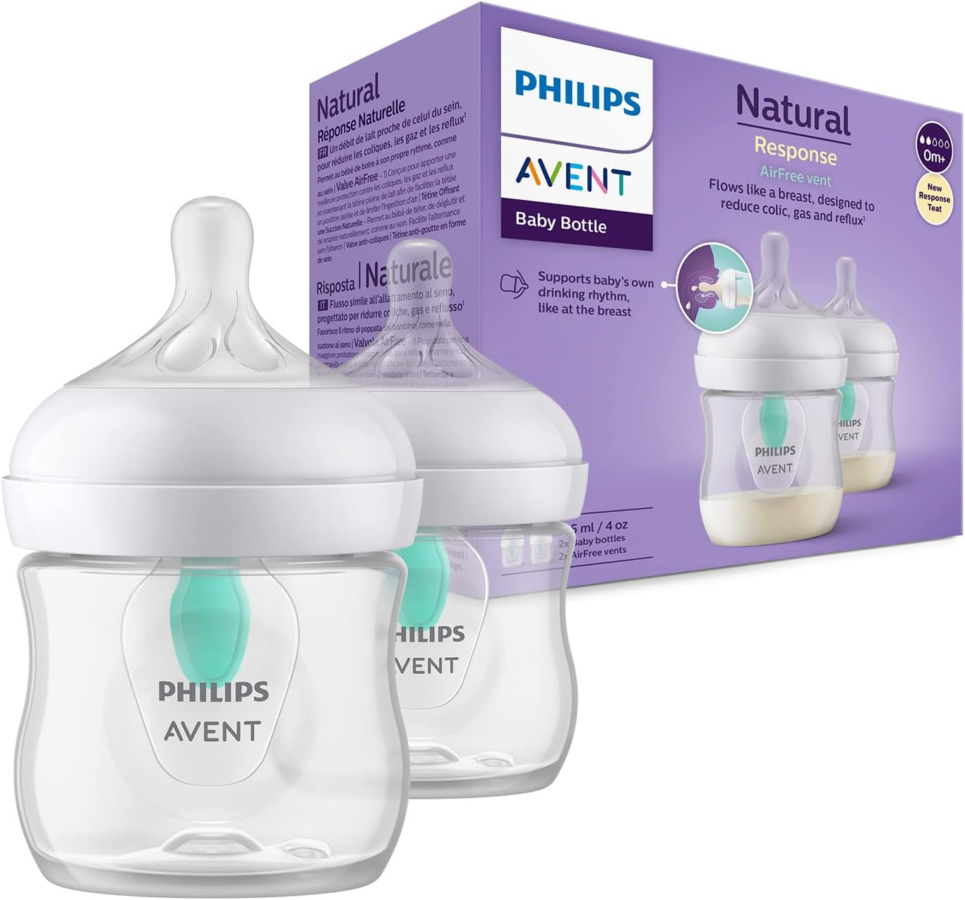 Philips Avent Natural Response Baby Bottle - 2X 125ml Baby Milk Bottle with AirFree Vent, BPA Free for Newborn Babies Aged 0 Months+ (Model SCY670/02)-0