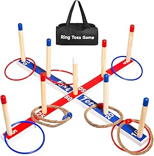 U&C Planet Large Quoits,10 Pcs Ropes &10 Pcs Plastic Rings with Carry Bag, Wooden Ring Toss Game for Kids and Adults