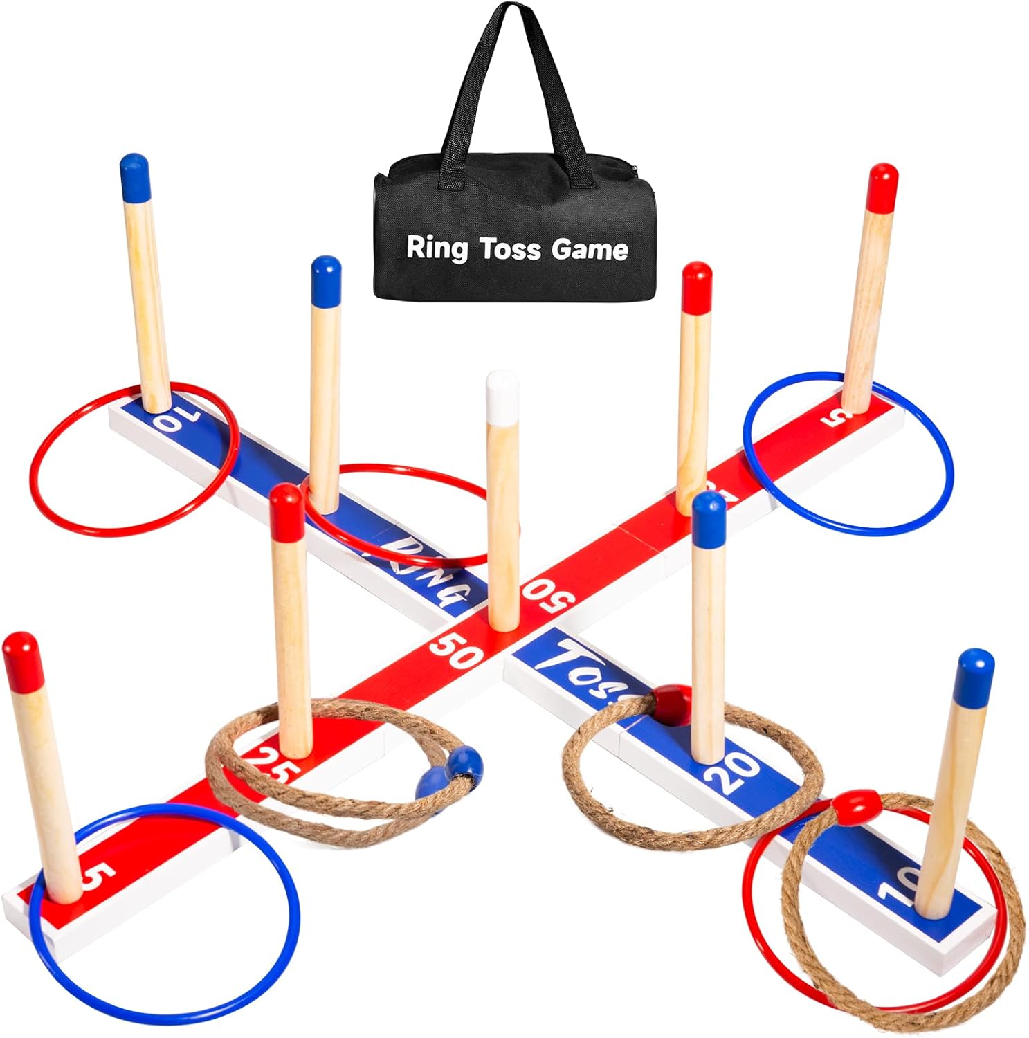 U&C Planet Large Quoits,10 Pcs Ropes &10 Pcs Plastic Rings with Carry Bag, Wooden Ring Toss Game for Kids and Adults-0