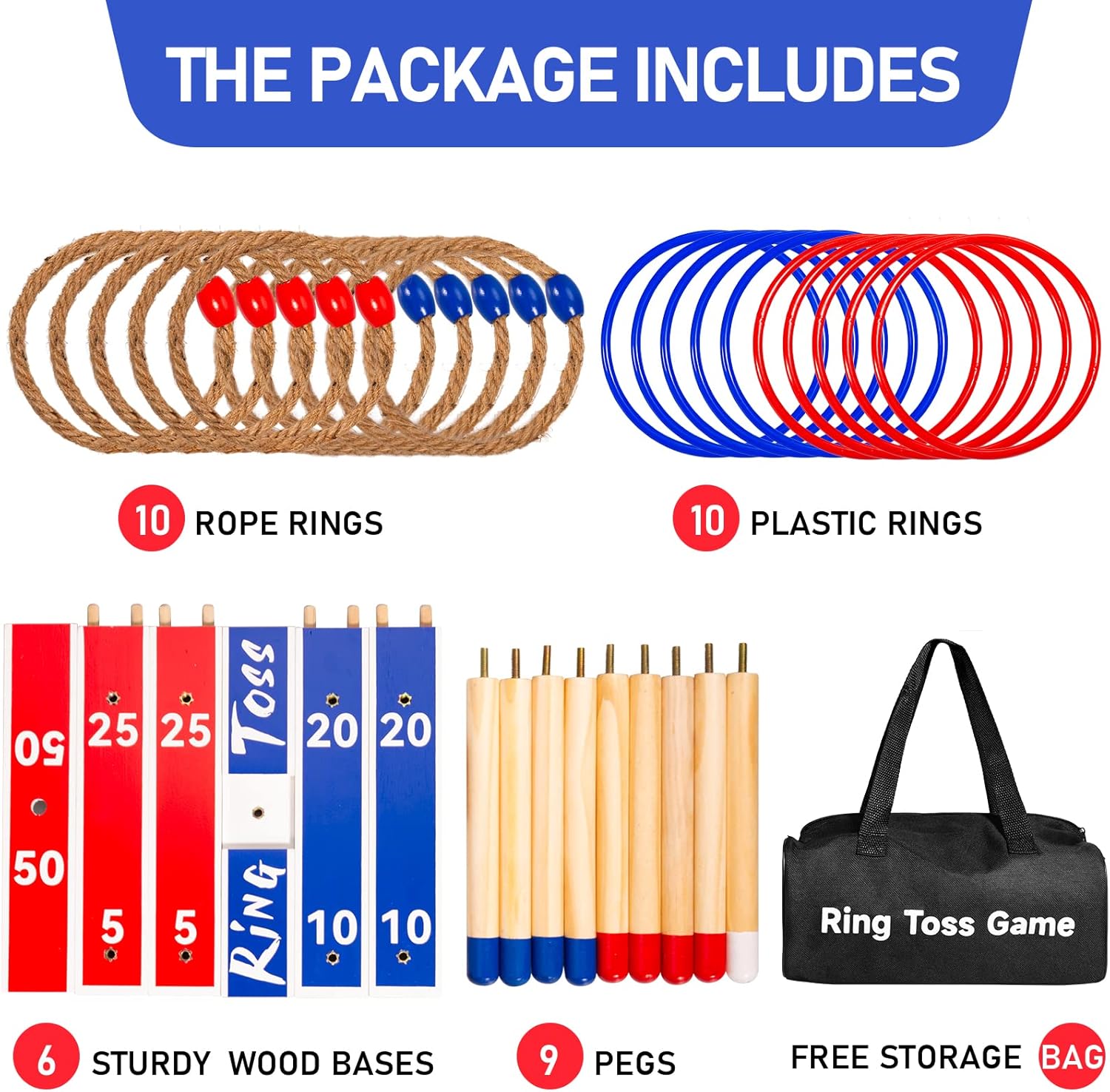 U&C Planet Large Quoits,10 Pcs Ropes &10 Pcs Plastic Rings with Carry Bag, Wooden Ring Toss Game for Kids and Adults-1