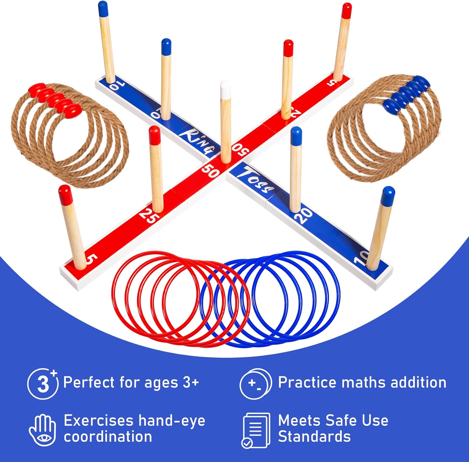 U&C Planet Large Quoits,10 Pcs Ropes &10 Pcs Plastic Rings with Carry Bag, Wooden Ring Toss Game for Kids and Adults-3