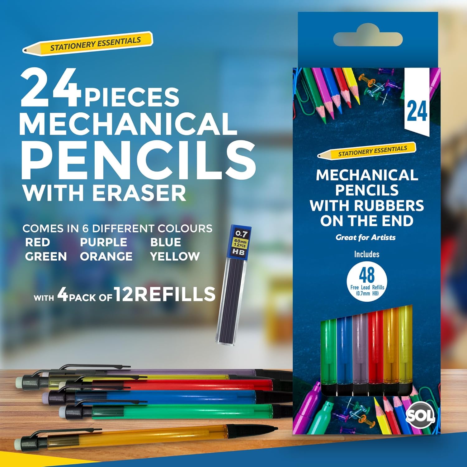 24pk Mechanical Pencil 0.7mm HB | Mechanical Pencils Set With 2 Lead Refills | Propelling Pencils Mechanical | 0.7mm Mechanical Pencils for Artists and School | Retractable Pencils with Rubbers on End-2