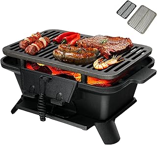 GiantexUK Cast Iron Charcoal Grill, Tabletop Barbecue Grill with Double-Sided Grilling Net, Air Regulation Door and Fire Gate, Portable Smoker Grill for Outdoor Cooking Camping Hiking