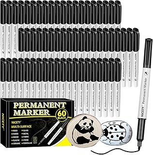 NICETY 60 Black Permanent Markers - Fine Point Permanent Marker Pens Set, Black pens For Adults, Works On Rock Paper Ceramic Wood Stone Metal Glass