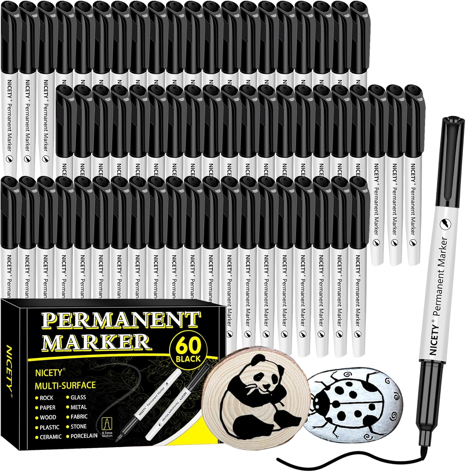 NICETY 60 Black Permanent Markers - Fine Point Permanent Marker Pens Set, Black pens For Adults, Works On Rock Paper Ceramic Wood Stone Metal Glass-0