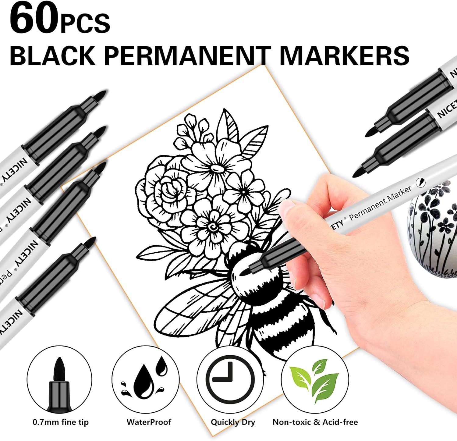 NICETY 60 Black Permanent Markers - Fine Point Permanent Marker Pens Set, Black pens For Adults, Works On Rock Paper Ceramic Wood Stone Metal Glass-1