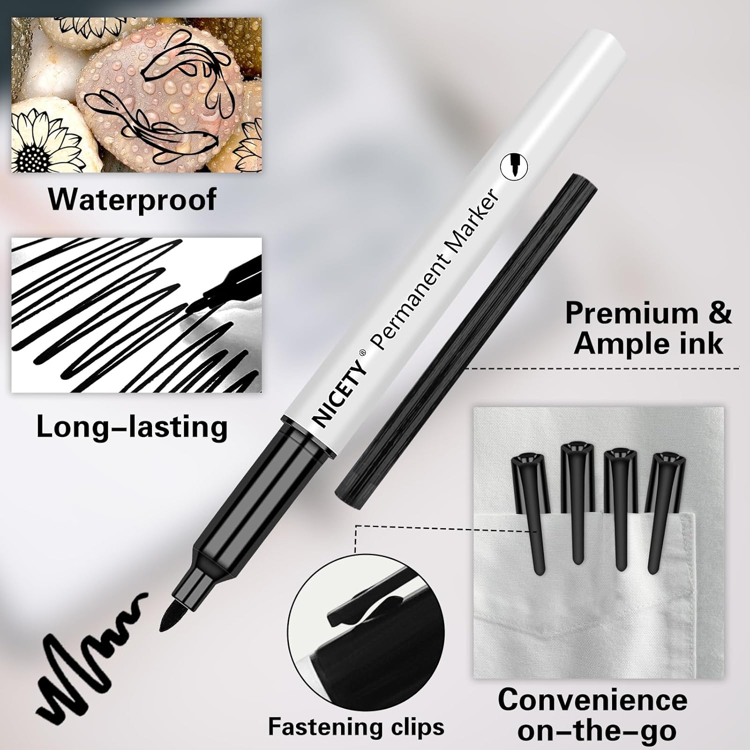 NICETY 60 Black Permanent Markers - Fine Point Permanent Marker Pens Set, Black pens For Adults, Works On Rock Paper Ceramic Wood Stone Metal Glass-4