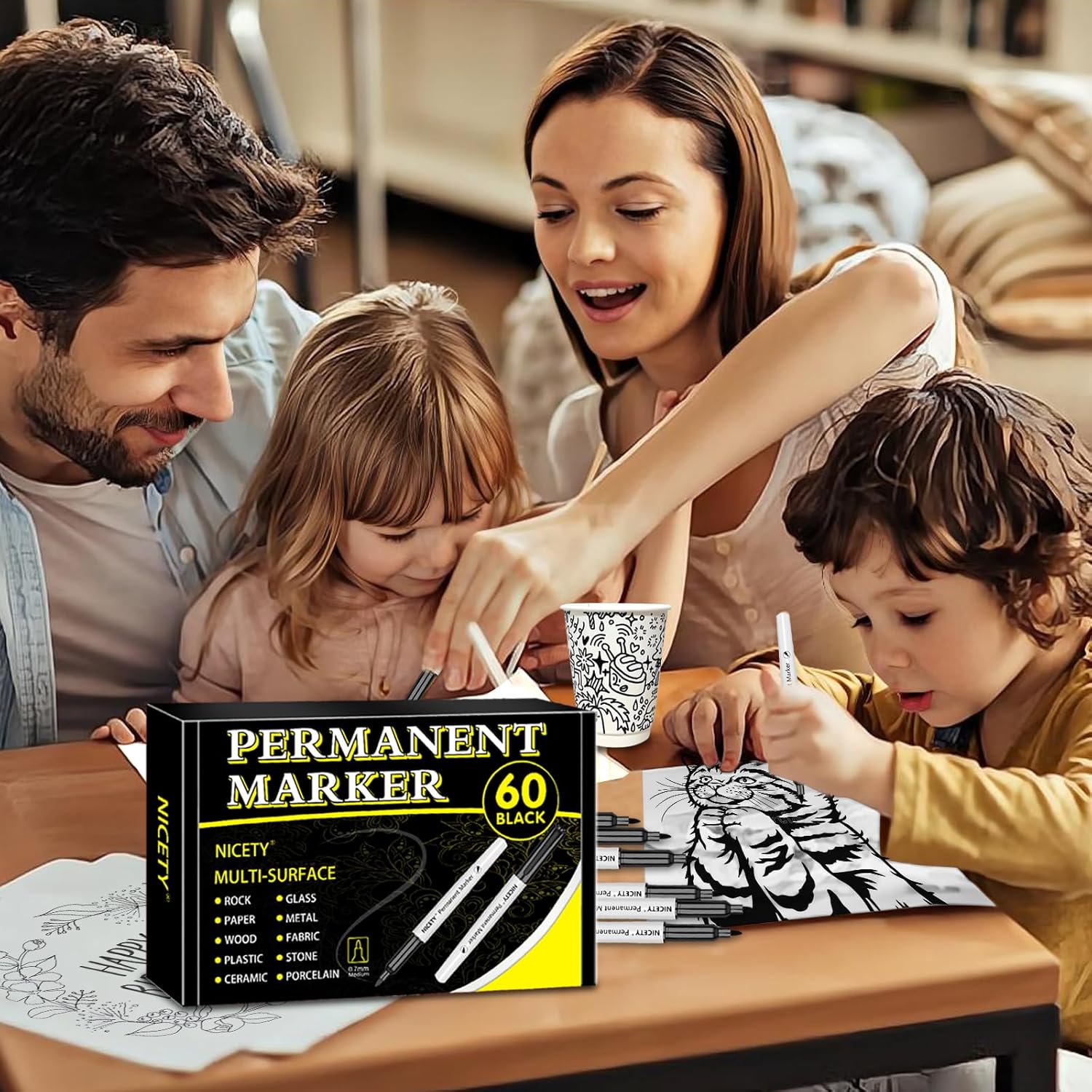 NICETY 60 Black Permanent Markers - Fine Point Permanent Marker Pens Set, Black pens For Adults, Works On Rock Paper Ceramic Wood Stone Metal Glass-6