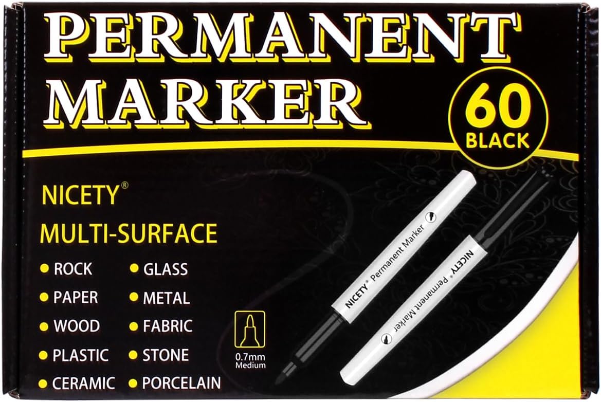 NICETY 60 Black Permanent Markers - Fine Point Permanent Marker Pens Set, Black pens For Adults, Works On Rock Paper Ceramic Wood Stone Metal Glass-8