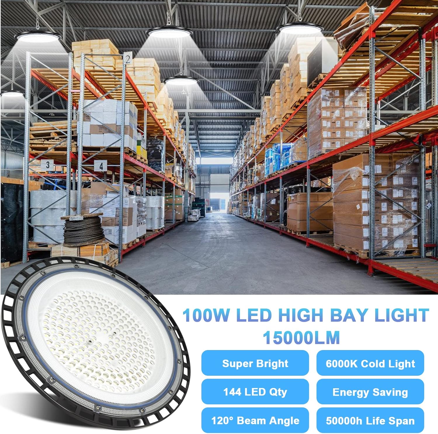 ZXICH 100W UFO LED High Bay Light,10000LM Industrial UFO Lamp, 6000K-6500K Daylight White LED Warehouse Lighting, IP65 Waterproof Commercial Bay Lighting Shop Area Workshop Garage (4 Pack, 100W)-5