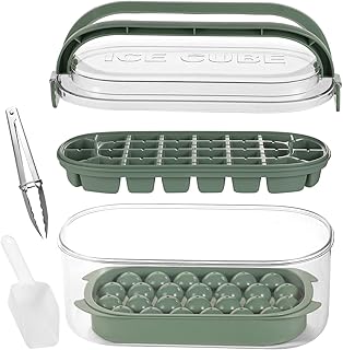 Ice Cube Tray with Lid and Bin, Sphere Ice Cube Maker for Freezer, 2 Tiers Ice Cube Moulds Square and Round Ice Tray with Storage Ice Box, Ice Tong & Scoop