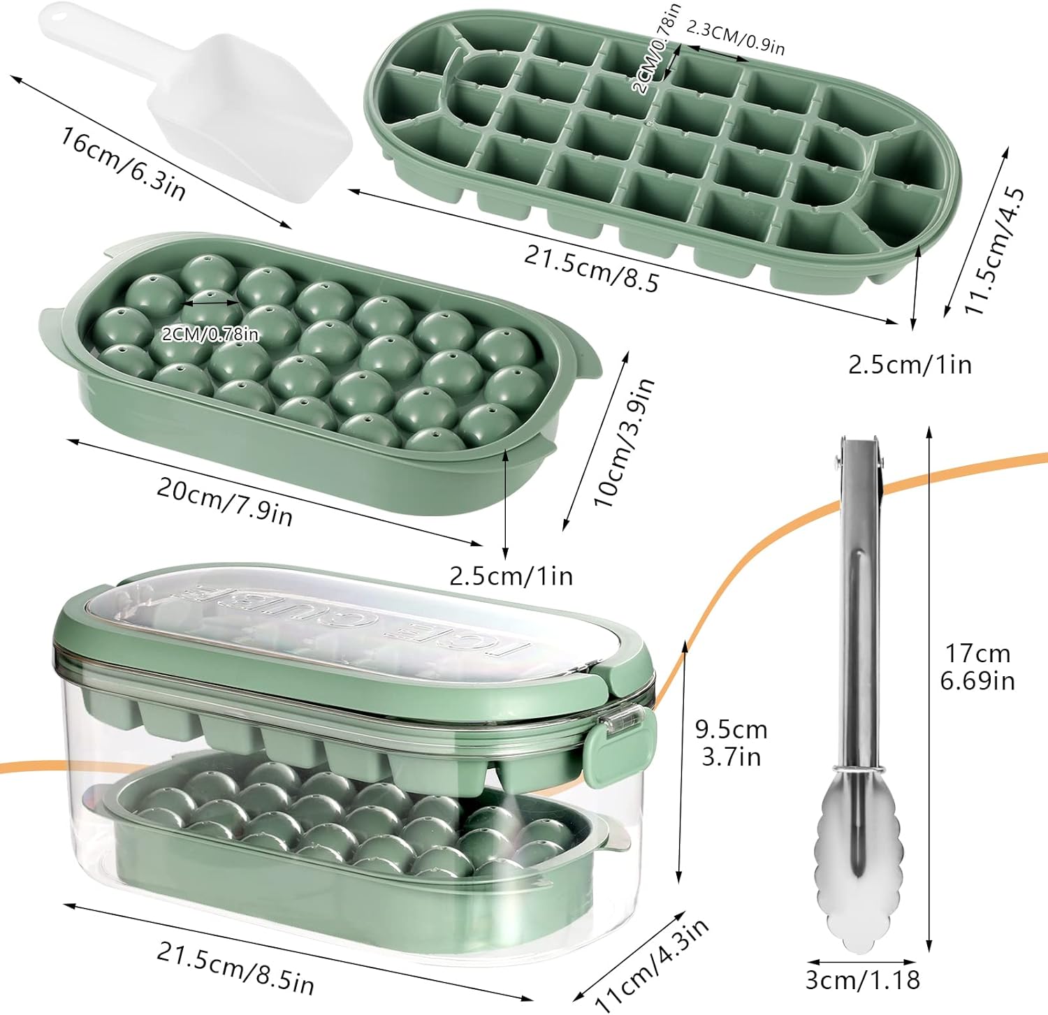 Ice Cube Tray with Lid and Bin, Sphere Ice Cube Maker for Freezer, 2 Tiers Ice Cube Moulds Square and Round Ice Tray with Storage Ice Box, Ice Tong & Scoop-1