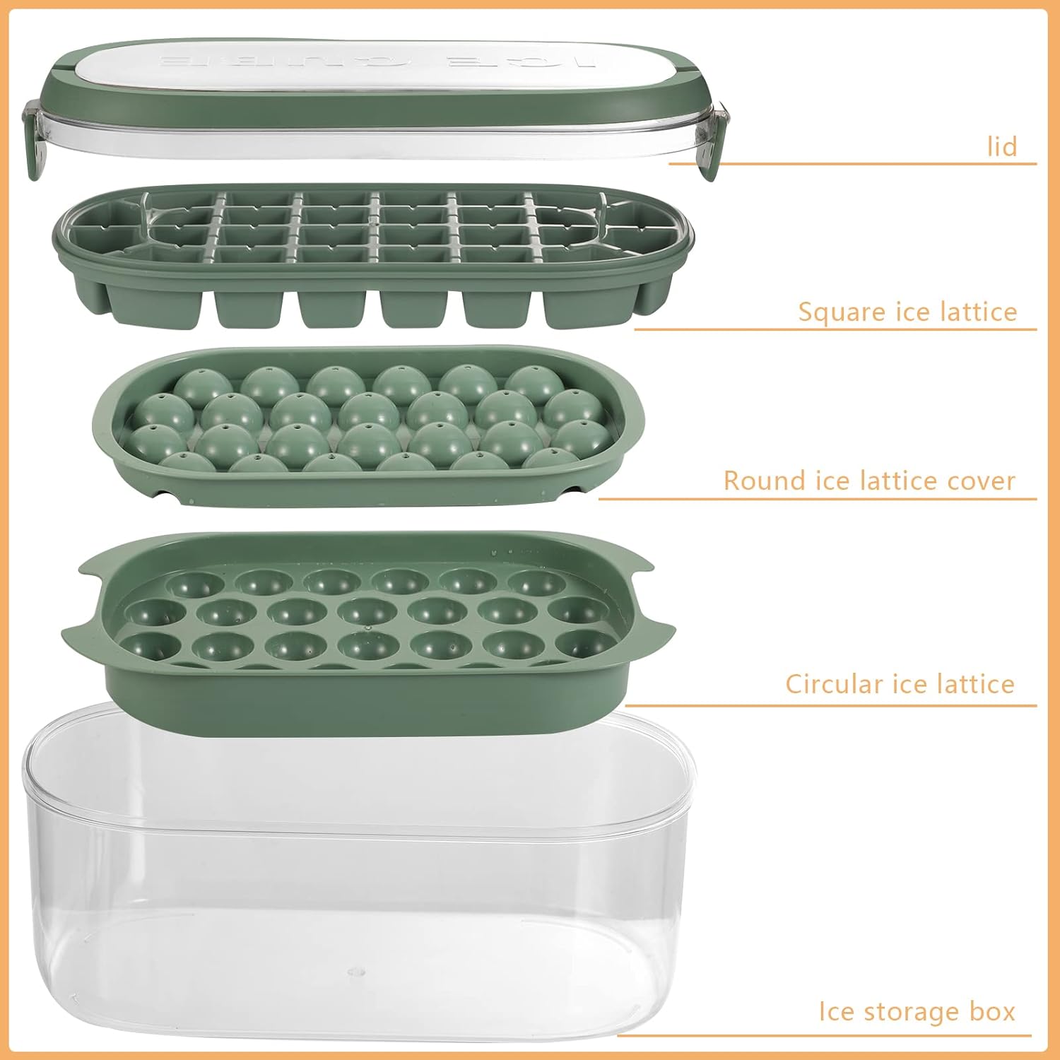 Ice Cube Tray with Lid and Bin, Sphere Ice Cube Maker for Freezer, 2 Tiers Ice Cube Moulds Square and Round Ice Tray with Storage Ice Box, Ice Tong & Scoop-2