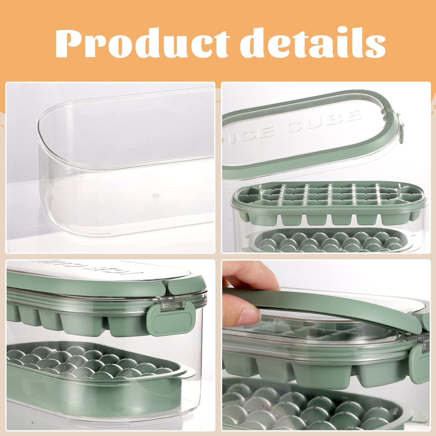 Ice Cube Tray with Lid and Bin, Sphere Ice Cube Maker for Freezer, 2 Tiers Ice Cube Moulds Square and Round Ice Tray with Storage Ice Box, Ice Tong & Scoop-3