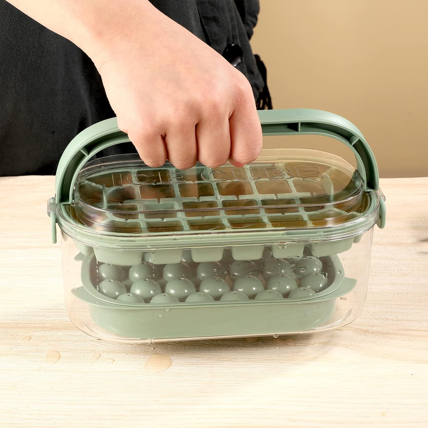 Ice Cube Tray with Lid and Bin, Sphere Ice Cube Maker for Freezer, 2 Tiers Ice Cube Moulds Square and Round Ice Tray with Storage Ice Box, Ice Tong & Scoop-5