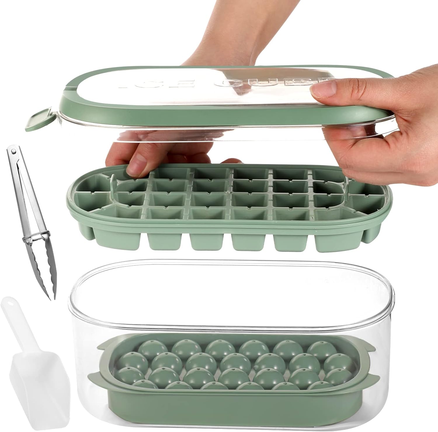 Ice Cube Tray with Lid and Bin, Sphere Ice Cube Maker for Freezer, 2 Tiers Ice Cube Moulds Square and Round Ice Tray with Storage Ice Box, Ice Tong & Scoop-7