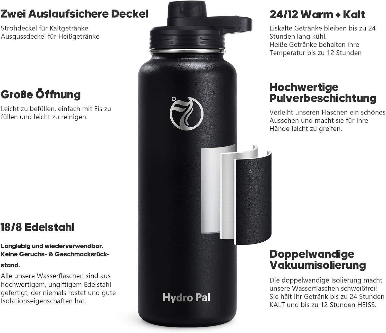 HydroPal Stainless Steel Drinking Bottle - 750 ml, 1 L, 1.2 L, BPA-Free, Suitable for Carbonated Drinks, Insulated Thermos Flask with Straw and 2 Lids, Leak-Proof Insulated Bottle for Children,-1