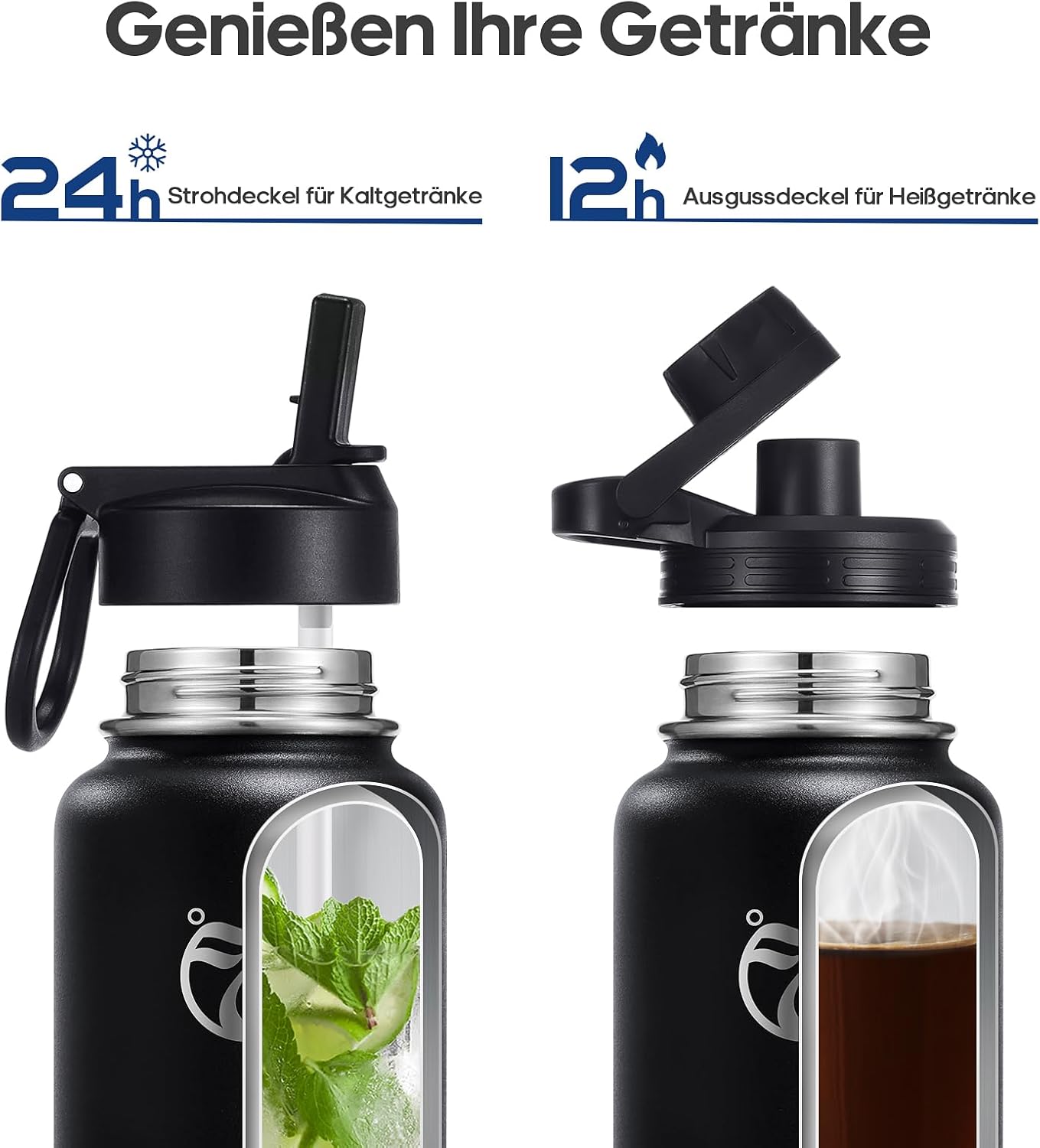 HydroPal Stainless Steel Drinking Bottle - 750 ml, 1 L, 1.2 L, BPA-Free, Suitable for Carbonated Drinks, Insulated Thermos Flask with Straw and 2 Lids, Leak-Proof Insulated Bottle for Children,-2