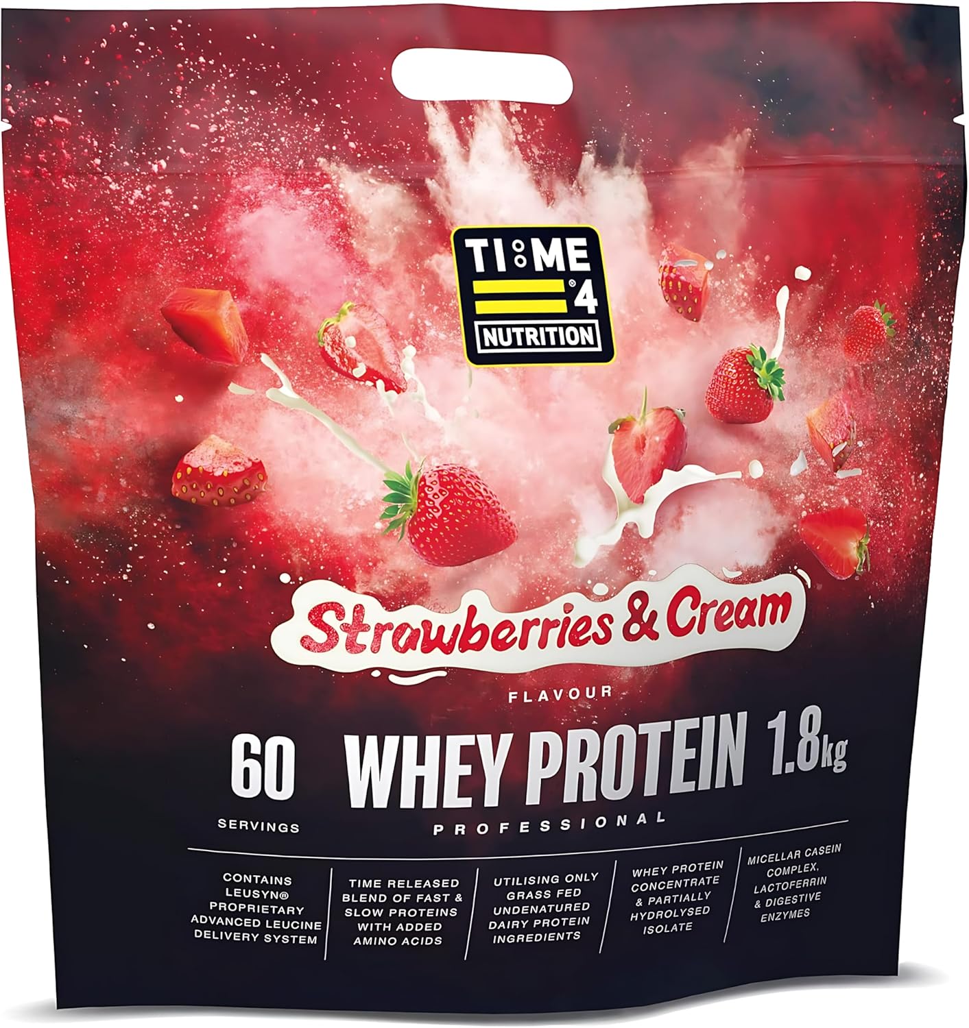 Time 4 Whey Protein Professional Time Release Grass Fed Native Whey Protein Powder, 85% Whey Concentrate, Partially Hydrolysed Whey Isolate, Micellar Casein, Leucine (Strawberries & Cream, 1.8kg Bag)-0