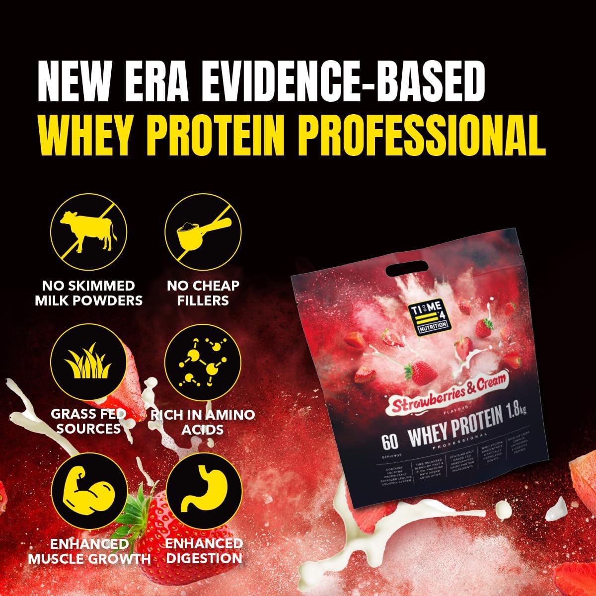 Time 4 Whey Protein Professional Time Release Grass Fed Native Whey Protein Powder, 85% Whey Concentrate, Partially Hydrolysed Whey Isolate, Micellar Casein, Leucine (Strawberries & Cream, 1.8kg Bag)-2