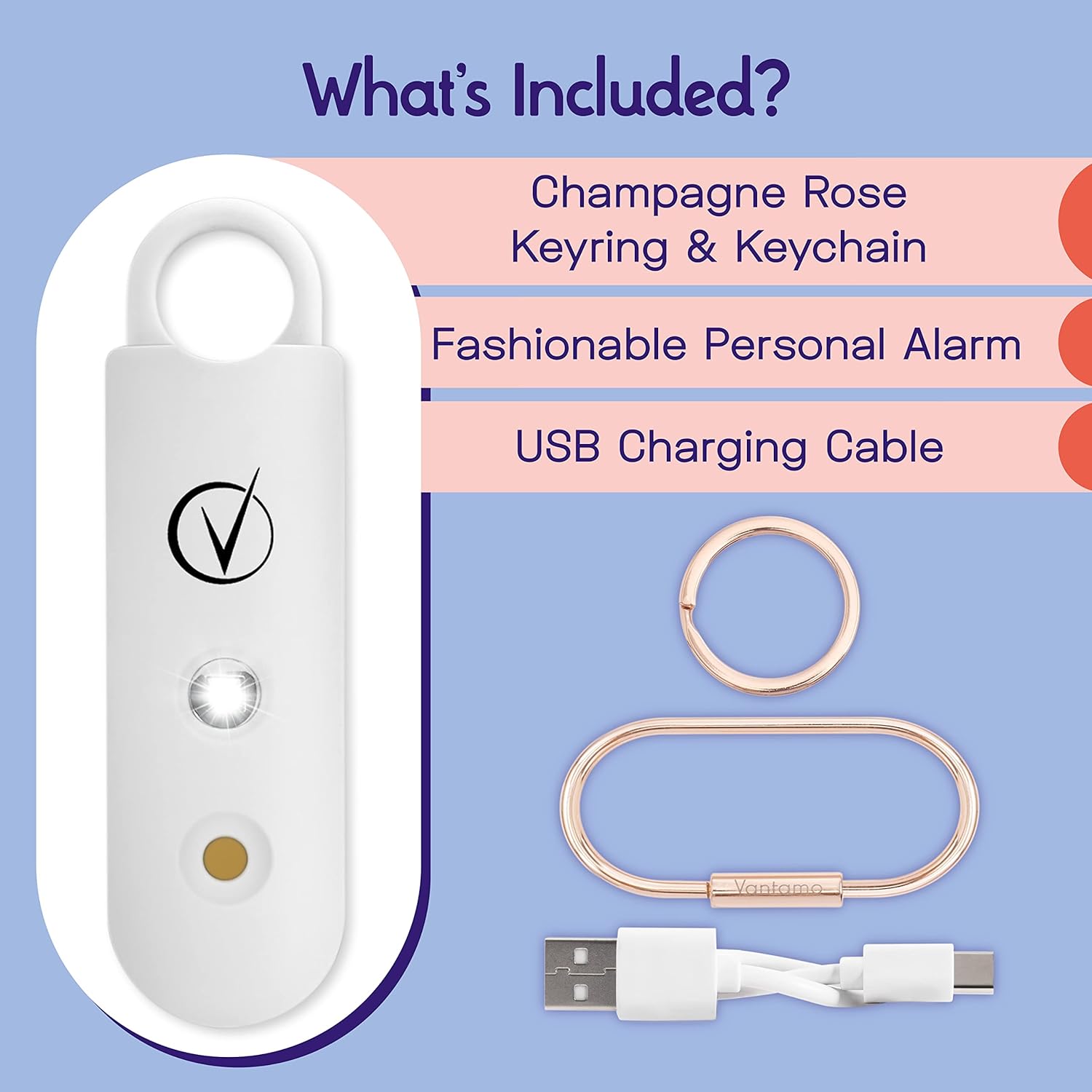 Vantamo Personal Alarm for Women - Extra Loud Double Speakers, First with Low Battery Notice with Strobe Light, Rechargeable - Safety Alarm Keychain-2