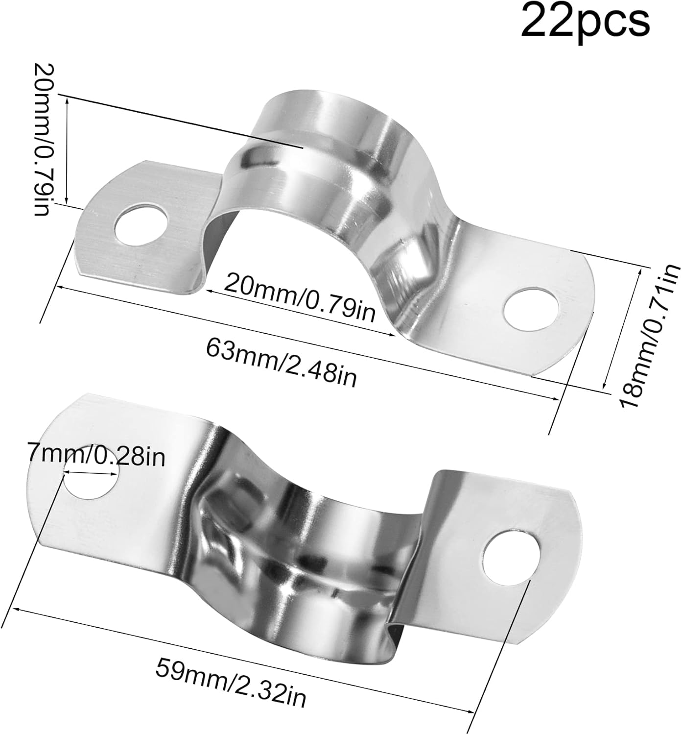 22Pcs Pipe Strap Clamp Holder M20mm Stainless Steel Brackets Saddle Clip U Shaped Clips Straps Two Hole Tube Strap Tension Clips Hose Clamp for Anchor Water Pipe Wooden Panels-1