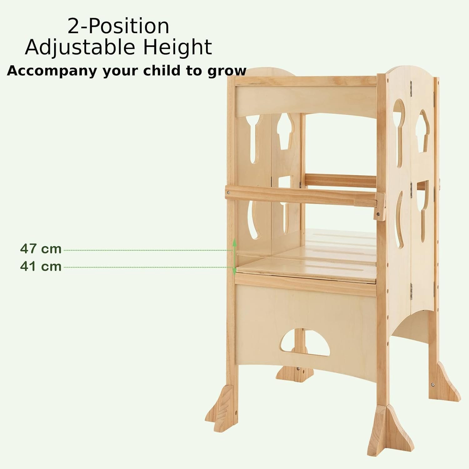 Maxmass Folding Kids Step Stool, Wooden Standing Tower with Height-Adjustable Platform, 4-Sided Guardrails & Safety Latches, Toddlers Kitchen Helper for Bathroom, Dining Room (Natural)-2