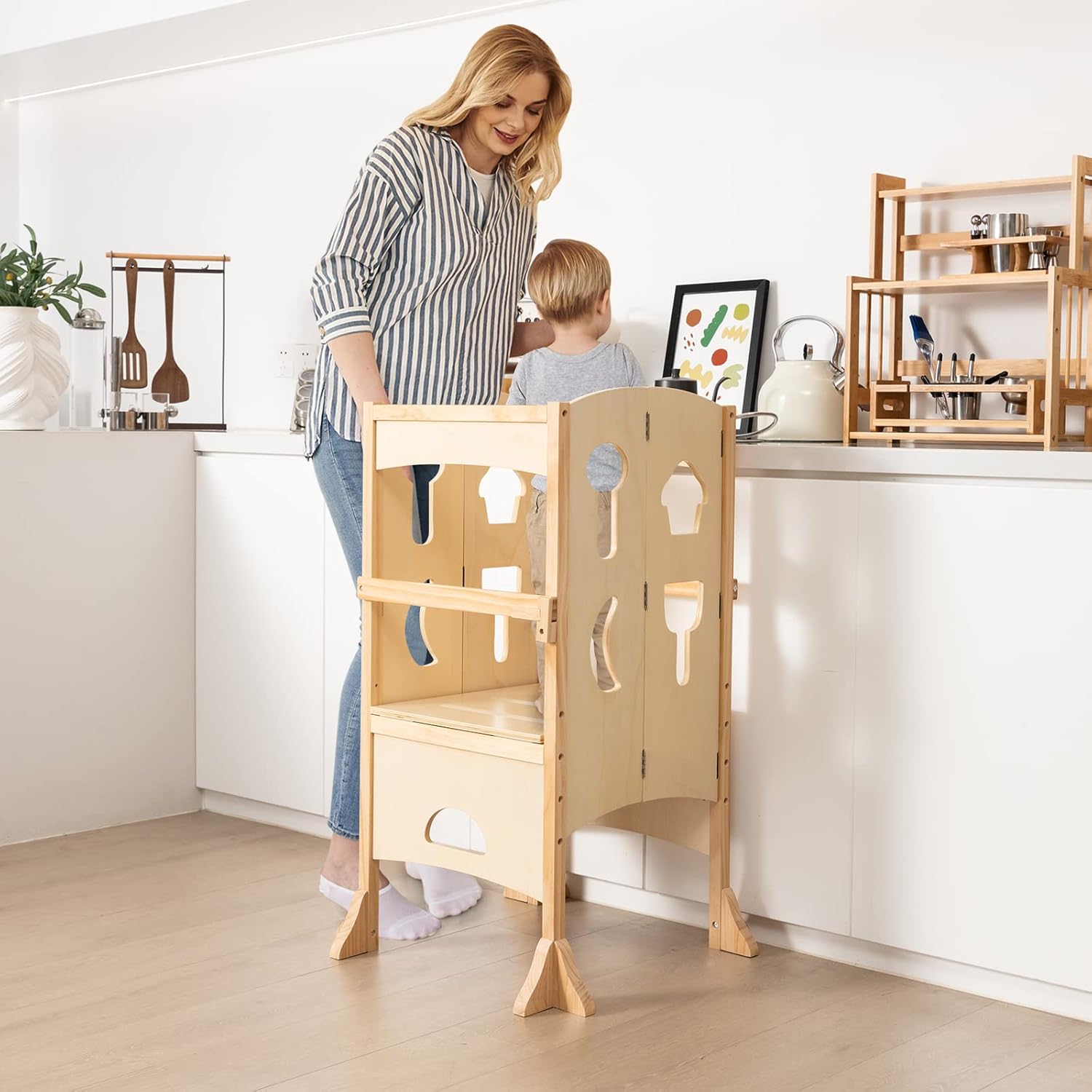 Maxmass Folding Kids Step Stool, Wooden Standing Tower with Height-Adjustable Platform, 4-Sided Guardrails & Safety Latches, Toddlers Kitchen Helper for Bathroom, Dining Room (Natural)-6