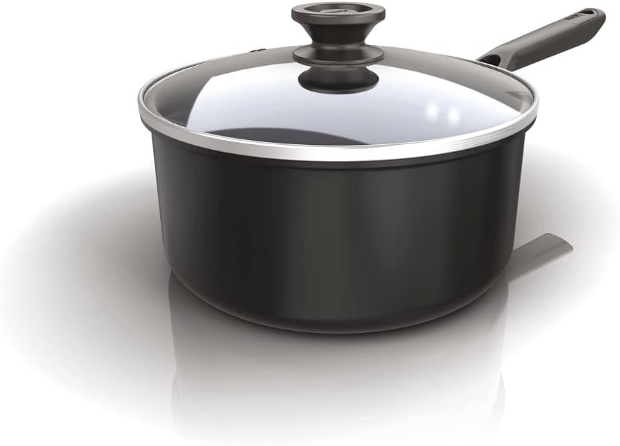 Ninja ZEROSTICK Classic Cookware 20cm Saucepan, Non-Stick, Long Lasting Aluminium Saucepan, Induction Compatible, Oven Safe to 180°C, Glass Lid, Black, CW50220UK-0