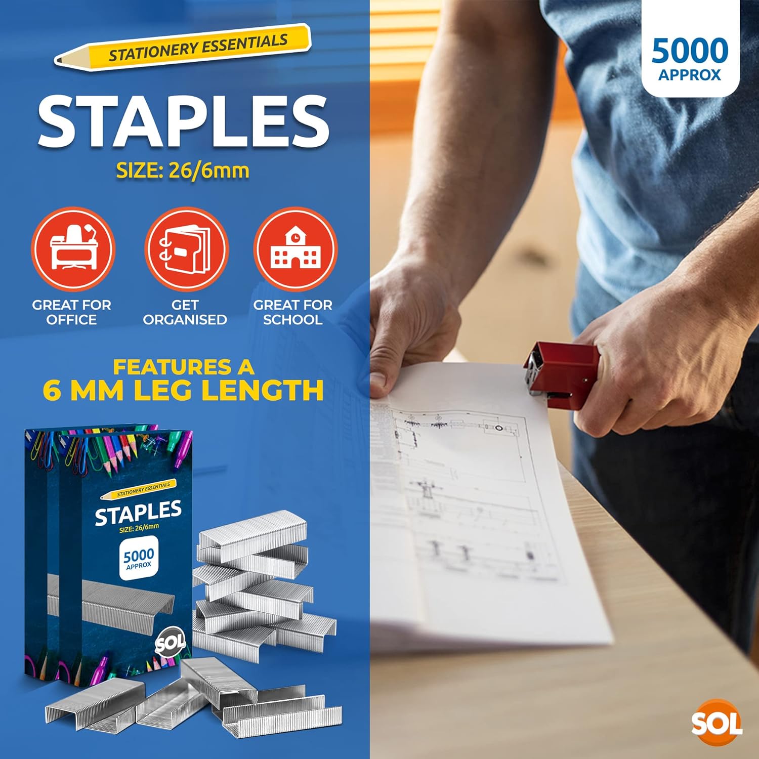 10000pk Staples 26/6 Standard Fit | 26/6mm Staples for Desktop Staplers and Pliers | 26/6 Staples 26/6mm | Office and School Stationary Supplies 26/6 Staples 10000 | 26/6mm Staple + SOL Sticker-3